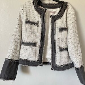 Designer Textured Nanette Lepore Ivory Boucle Trim Denim Blazer Large NEW